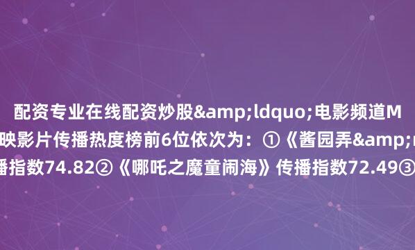 配资专业在线配资炒股&ldquo;电影频道M指数&rdquo;热映影片传播热度榜前6位依次为：①《酱园弄&middot;悬案》传播指数74.82②《哪吒之魔童闹海》传播指数72.49③《新&middot;驯龙高手》传播指数72.47④《名侦探柯南：独眼的残像》传播指数71.49⑤《艺术学院1994》传播指数71.48⑥《侏罗纪世界：重生》传播指数71.16&
